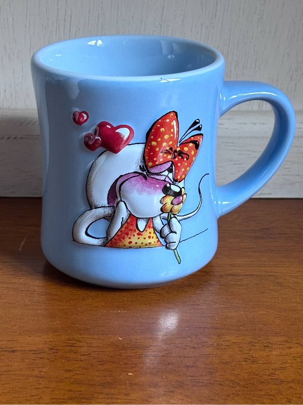 Vintage Diddle Diddlina Ceramic Coffee Mug Light Blue Raised Hearts Flower